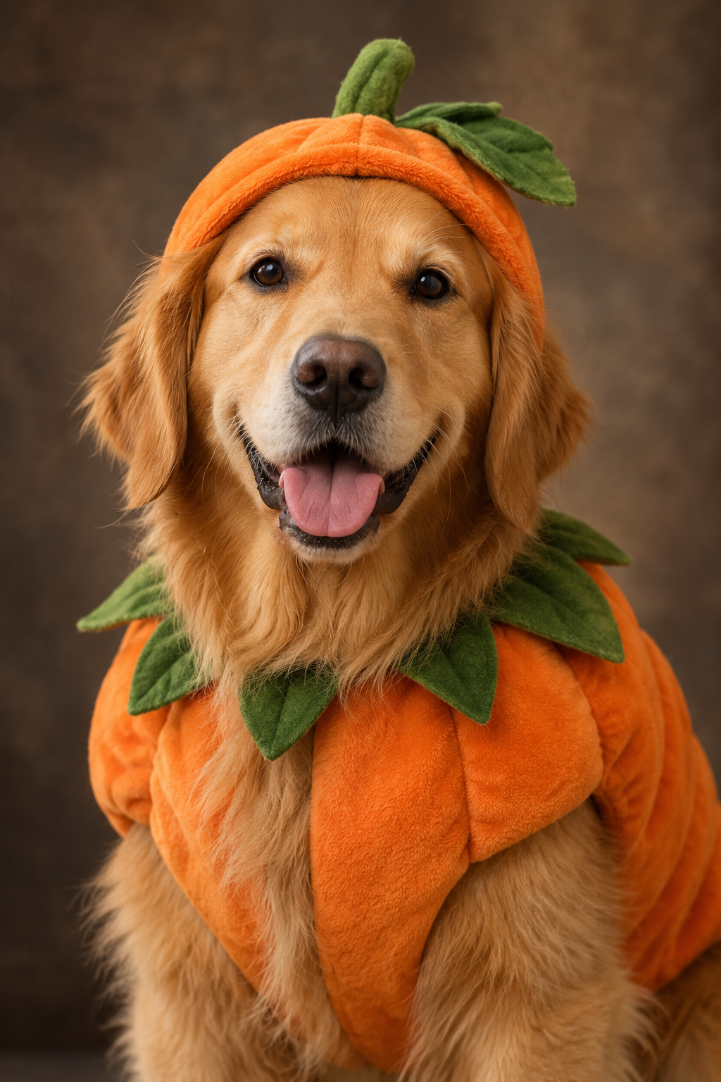 Golden retriever in a pumpkin costume