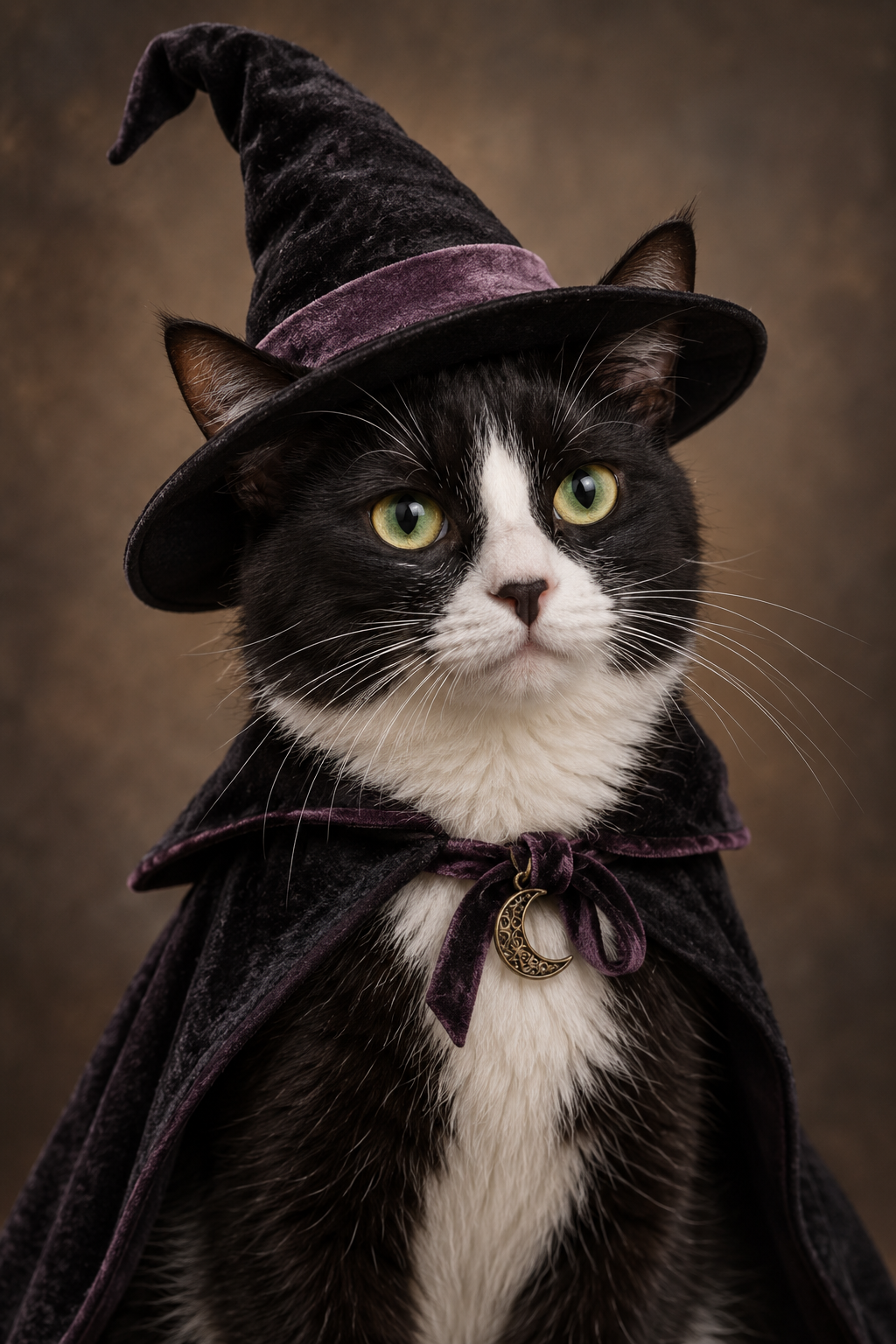 Black and white cat in a witch costume